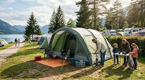Familie baut Zelt am See auf, ihr tragbares Zuhause.