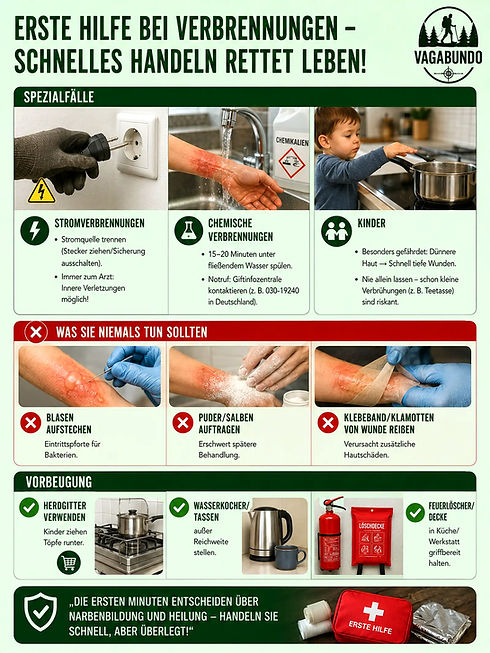 Infografik: Erste Hilfe bei Verbrennungen und Brandrisiken.