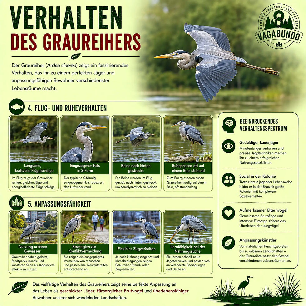 Infografik zum Verhalten des Graureihers mit Details zu Jagd und Anpassung