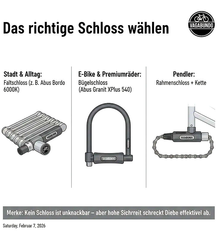 Das richtige Schloss wählen: Kettenschloss, Bügelschloss, Rahmenschloss mit Kette.