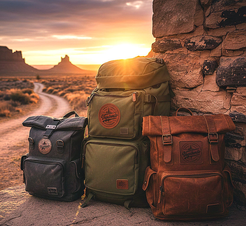 Drei Rucksäcke stehen vor einer malerischen Landschaft während des Sonnenuntergangs. Rucksäcke und Taschen