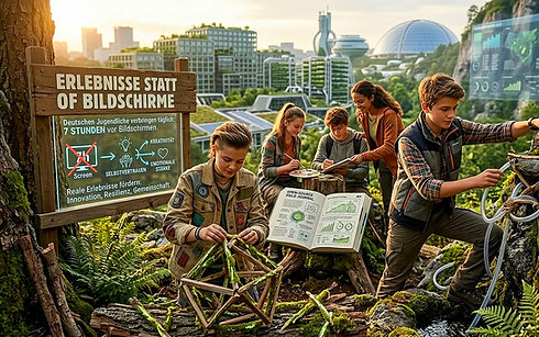 Kinder bei Outdoor-Abenteuern, bauen und lernen. Schild: Erlebnisse statt Bildschirme.