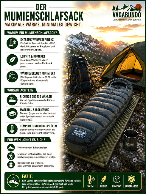 Vagabundo Mumienschlafsack Infografik mit Details zu Daunenschlafsack Vorteilen