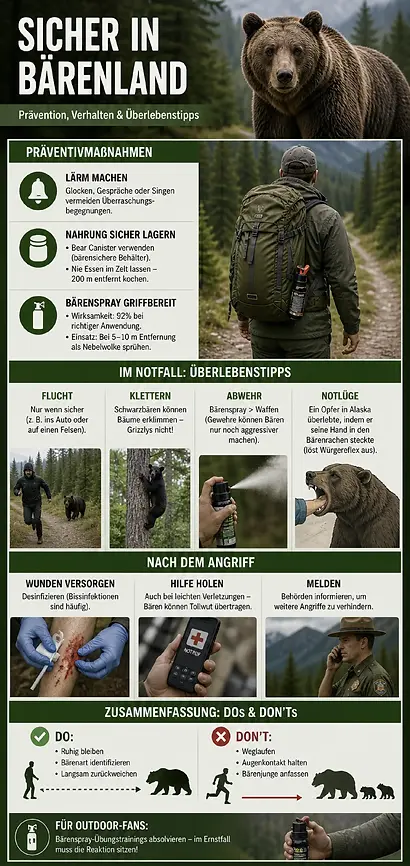 Infografik: Sicher in Bärenland, Wildtierverhalten bei Tierangriffen.