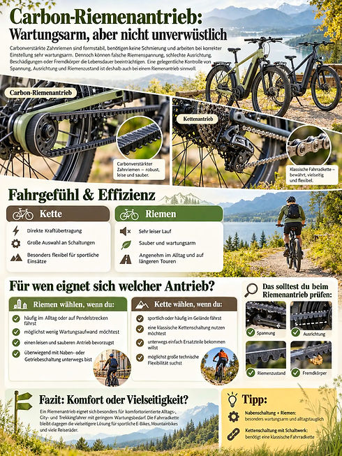 Infografik zum E-Bike Ratgeber: Akku, Riemen vs. Kette.