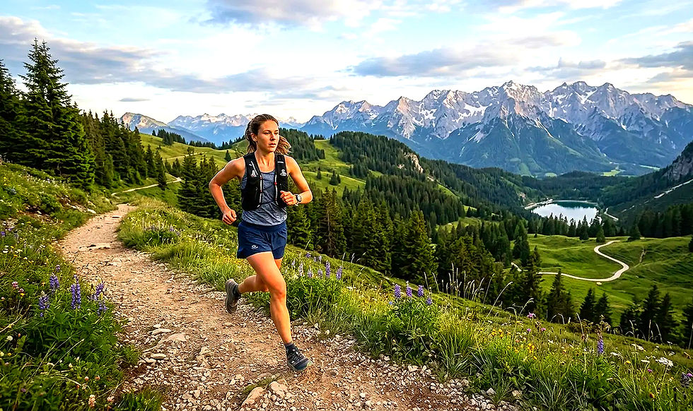 Frau beim Ausdauertraining auf Bergpfad, Outdoor Training.