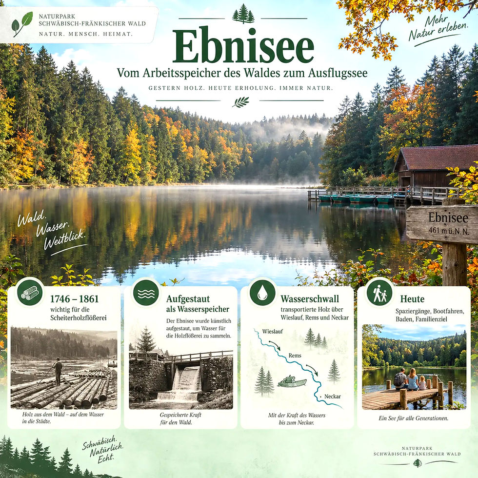 Infotafel zum Ebnisee mit Herbstsee, Wald, Steg und Booten; Texte: Ebnisee, Wald. Wasser. Weitblick.