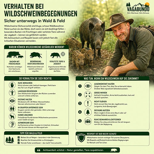 Infografik zum Wildtierverhalten bei Wildschweinbegegnungen.