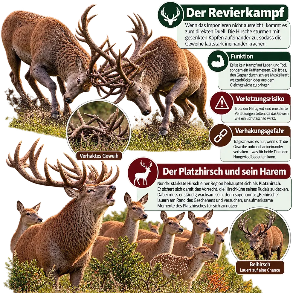 Infografik zum Rothirsch: Revierkampf und Platzhirsch mit Harem.