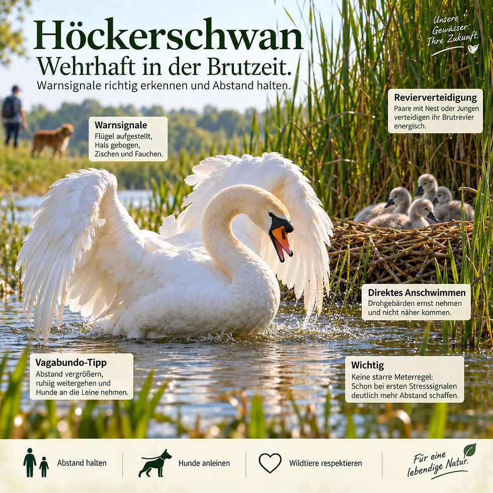 Plakat mit Höckerschwan und Küken im Schilf am Wasser, Warnhinweise zu Distanz und Hunden; oben: Wehrhaft in der Brutzeit.