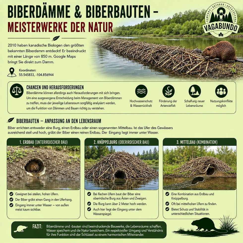 Infografik über Biberdämme und Biberbauten als Meisterwerke.