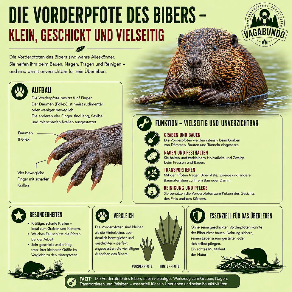 Infografik zur Vorderpfote des Bibers mit Illustrationen.
