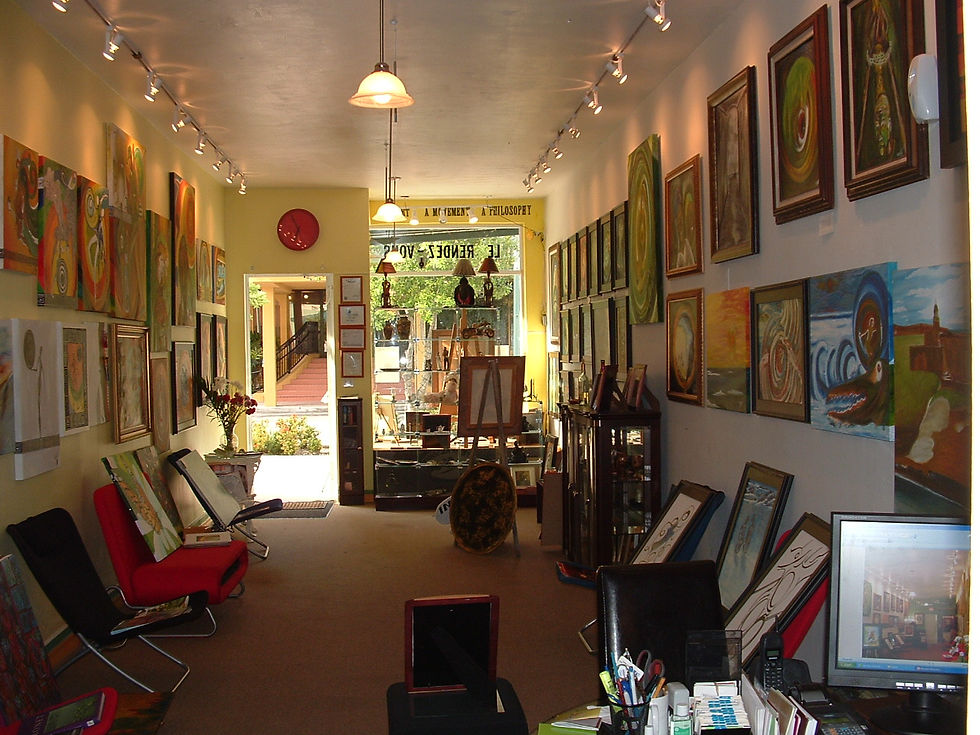 Camera capturing the art gallery from inside.