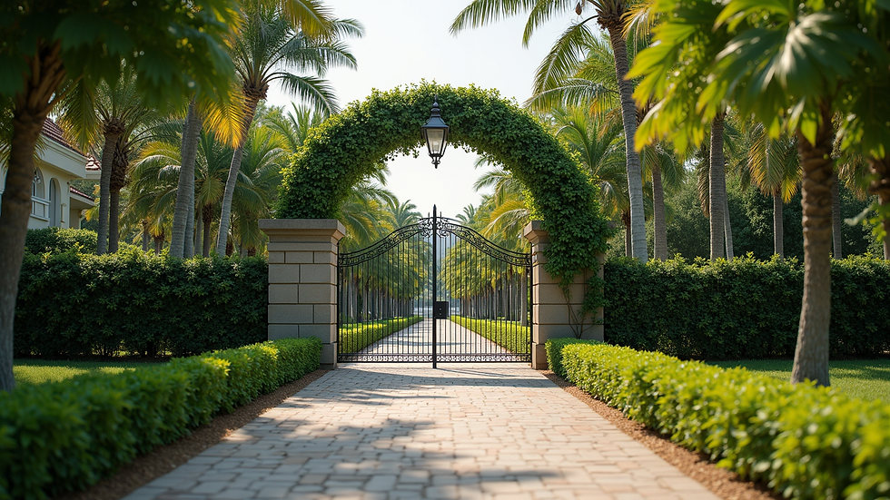 Eye-level view of a gated community entrance with lush greenery