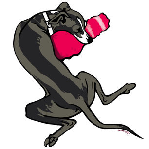 Top view graphic portrait of sleeping three-legged Italian greyhound dog. His head is curled to the right and resting on a red pillow. The background is solid white.