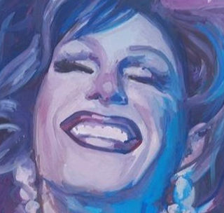 Large detailed gouache illustration of a beaming drag queen wearing large rhinestone earrings and a rhinestone tiara. Everything is in hues of blue, purple, and magenta.