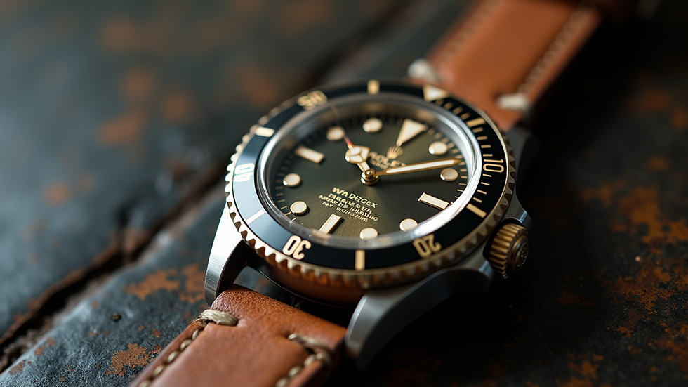 Close-up view of a vintage Rolex Submariner watch with a patina dial