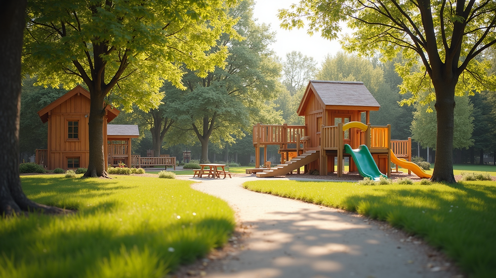 Wide-angle view of a tranquil outdoor play area designed for children