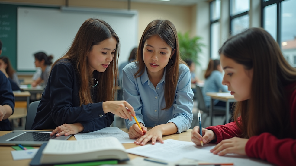 High angle view of students collaborating with a teacher in a hands-on learning environment