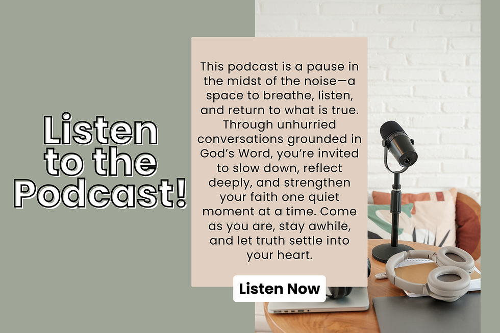 Microphone and headphones on a table, text about a calming podcast. Background features a white brick wall and pillows. "Listen to the Podcast!"