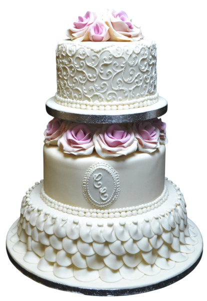 Three-tier wedding cake with sugar paste swirls, pink roses, and scalloped design.
