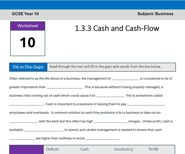 Thumbnail: Worksheet 10: 1.3.3 Cash and Cash-Flow fill-in-the-gaps exercise