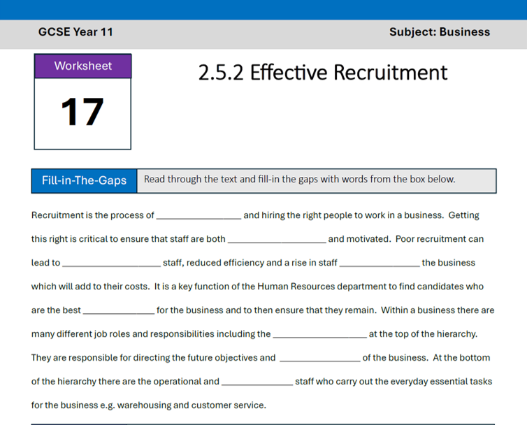 Year 11 Business worksheet: Effective Recruitment fill-in