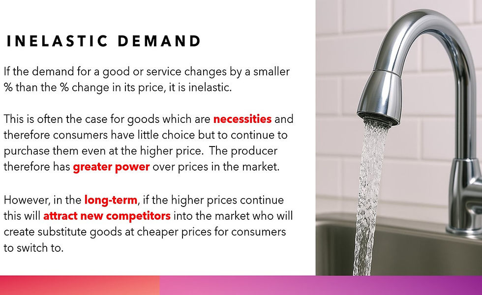 Thumbnail: Inelastic demand: Price changes minimally affect necessities; producers have greater power, but higher prices attract competitors.