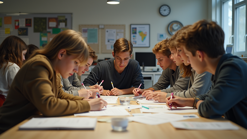 Wide angle view of students working collaboratively at a table full of materials