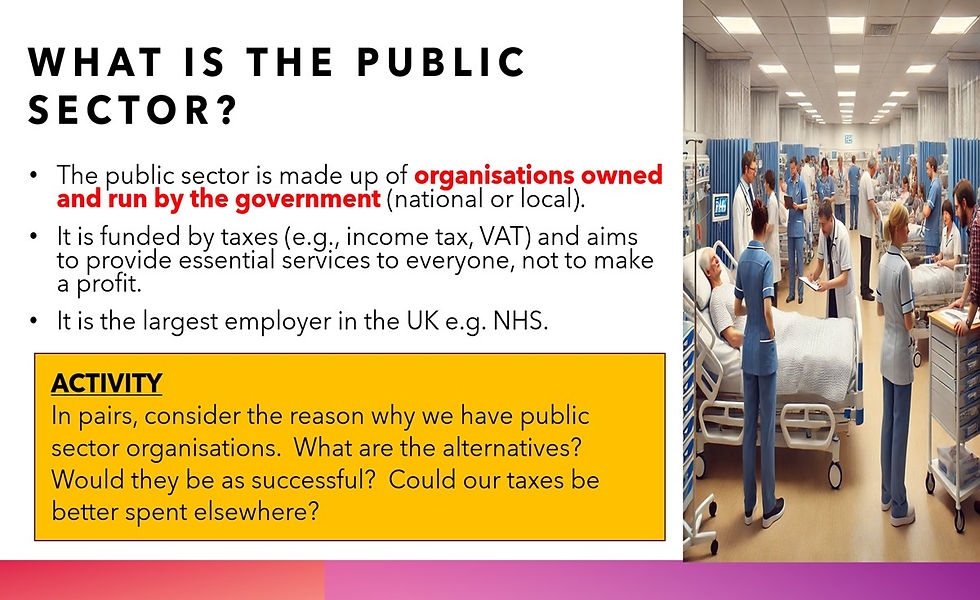 Thumbnail: Public sector: government-owned organisations funded by taxes, providing essential services