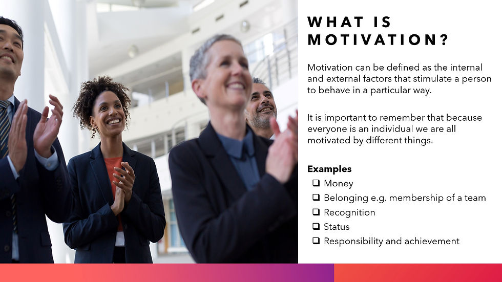 Smiling business team applauds; "What is Motivation?" shown