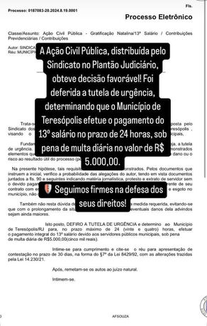 O Sindicato informa que o número do processo cujo objeto é o recebimento do 13º salário - 21/12/2024