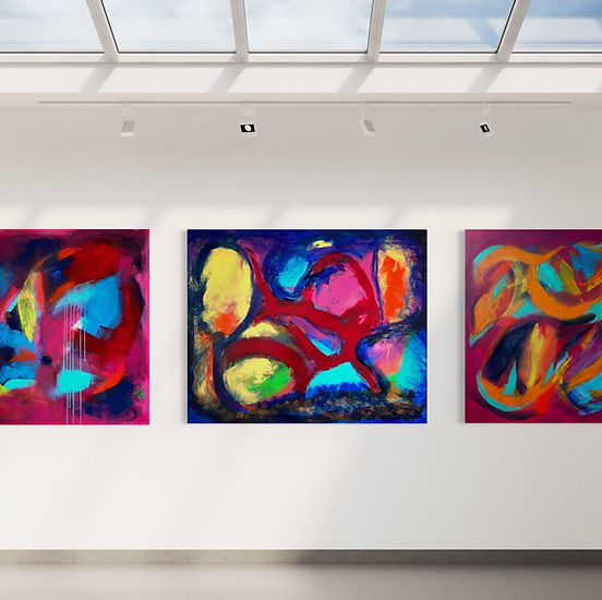 An abstract artwork by Katja Marinic in colorful tones, elegantly showcased in a gallery setting.
