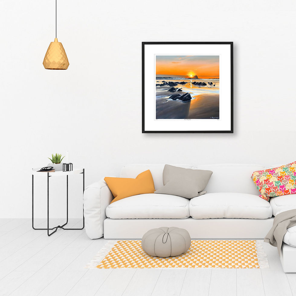 Thumbnail: Fine art print of the Sunset at Wembury Beach in Plymouth. Featuring the Mew Stone. Limited edition print by Josh Bygrave