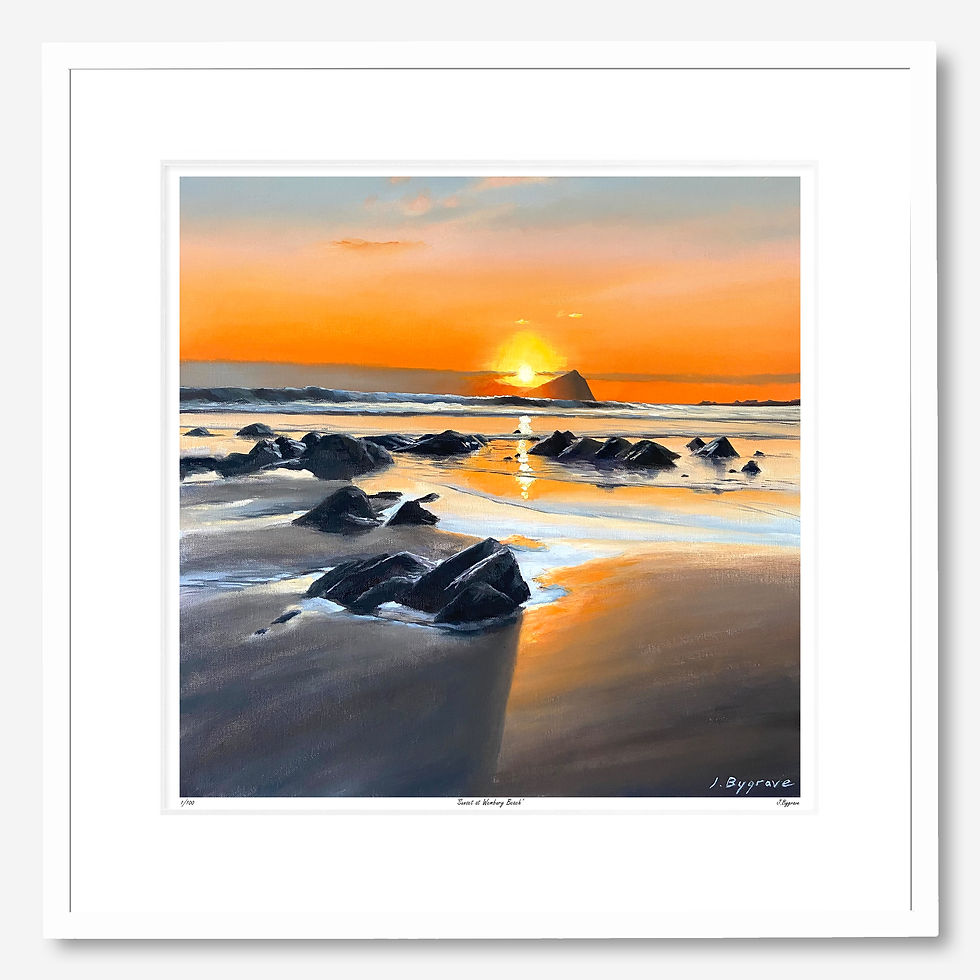 Thumbnail: Fine art print of the Sunset at Wembury Beach in Plymouth. Featuring the Mew Stone. Limited edition print by Josh Bygrave