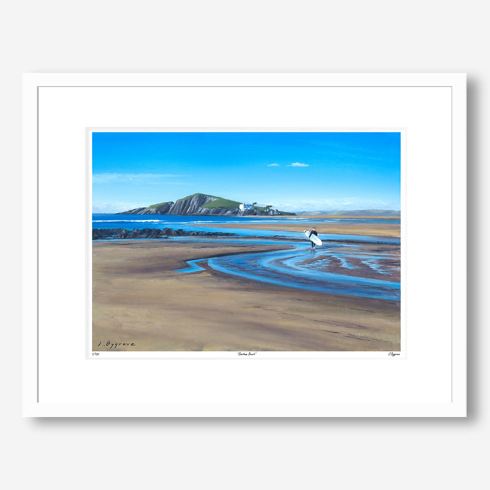 Thumbnail: Fine art print of Burgh Island from Bantham Beach in South Devon. Featuring a surfer.. Limited edition print by Josh Bygrave