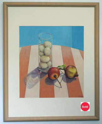 still life. eggs. fruit. glass vase.