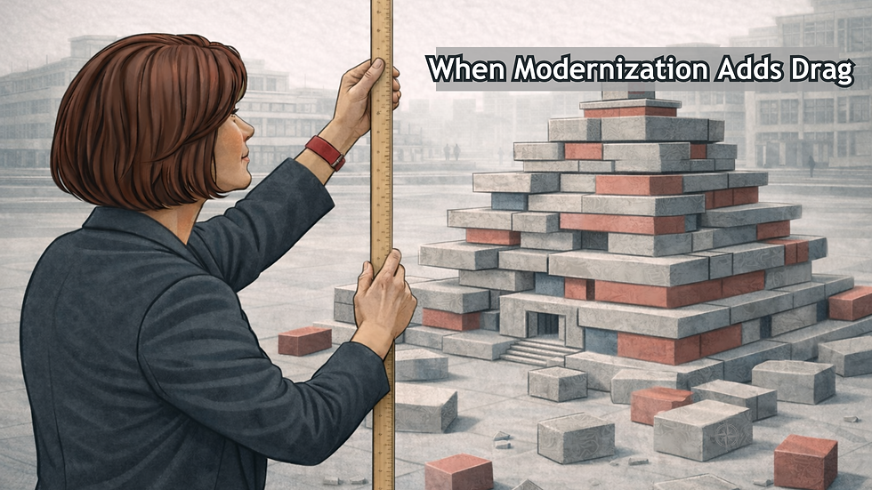 Conceptual illustration of modern digital payment components layered onto an outdated foundation, showing friction points and misaligned decision flows that represent architectural drag.