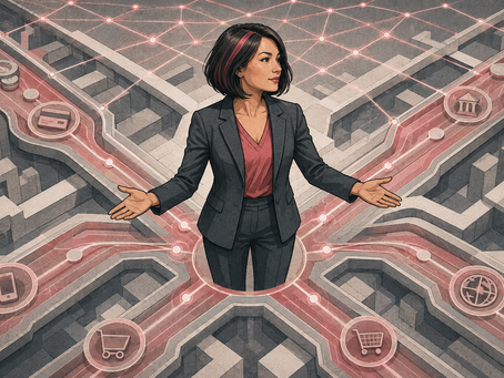 Female payments strategist standing at a multi-pathway junction coordinating converging payment rails, illustrated in paper-craft comic style with grey and dusty rose palette
