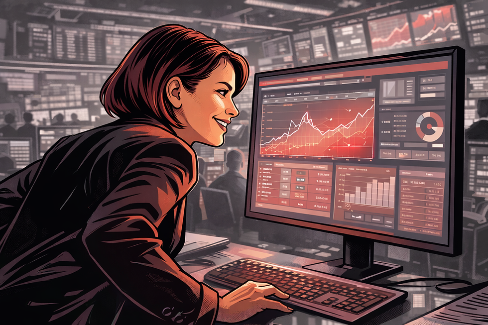 Comic book–style illustration of a female fintech strategist leaning forward toward a treasury dashboard on a computer monitor, set inside a financial operations command center. The scene uses dusty rose and gray tones to convey urgency, leadership, and real-time decision-making in treasury and instant payments.