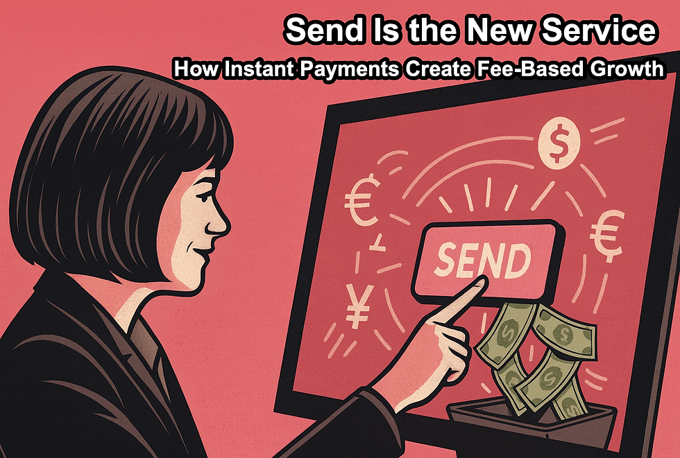 Comic-style illustration of Marcia Klingensmith with a short angled bob pressing a glowing ‘SEND’ button on a payment interface, with dollar bills flowing into a bin, in a dusty rose and soft grey fintech scene.