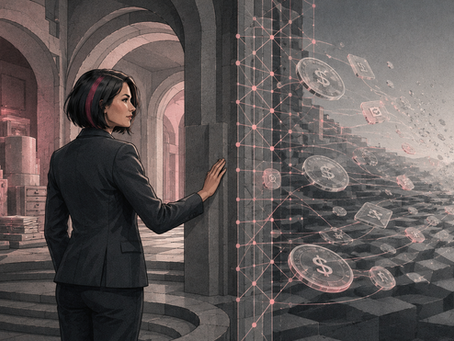 A paper-craft comic style illustration of a female strategist with a dusty rose streak in her hair standing at a layered gateway threshold. On one side, geometric deposit forms glow within a governed space. On the other, translucent coin shapes dissolve toward an open horizon. A grid overlay marks the compliance perimeter between the two zones.
