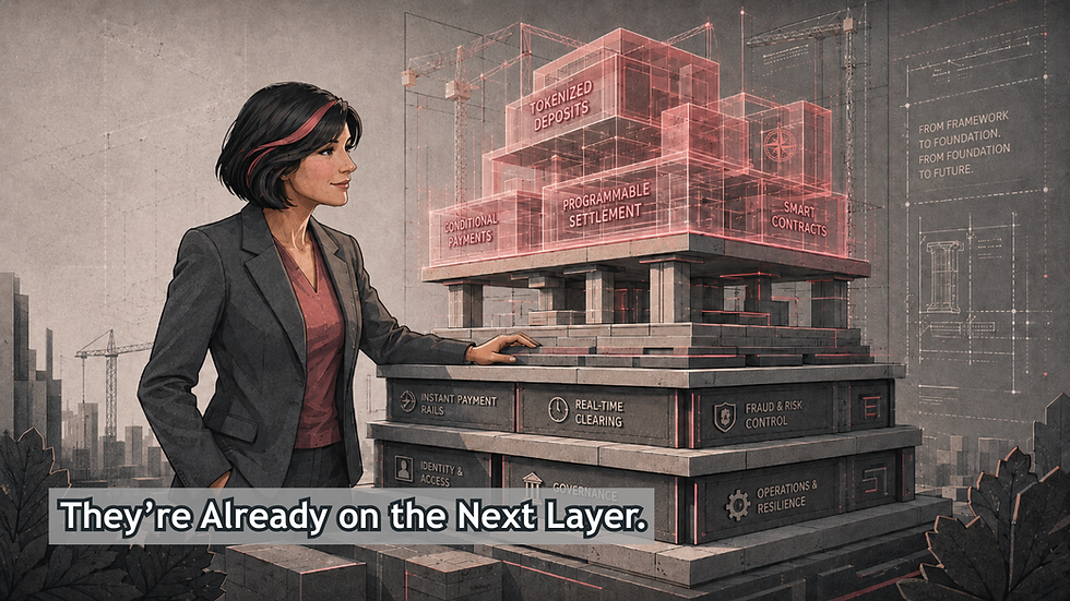 Female strategist reviewing layered payment infrastructure representing programmable money governance for banks