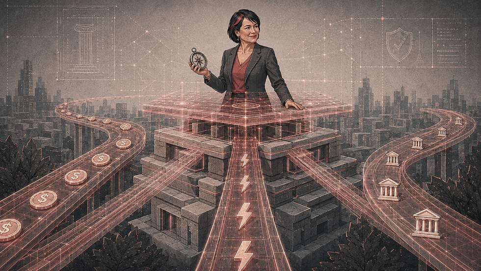 Female navigator character elevated above layered stablecoins and instant payments rails, paper-craft style