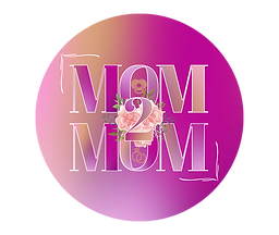 "Mom 2 Mom" Pink Stacked Logo with flower in the middle on a pink gradient background