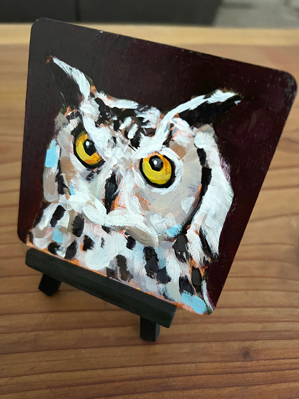 Owl study on wood coaster