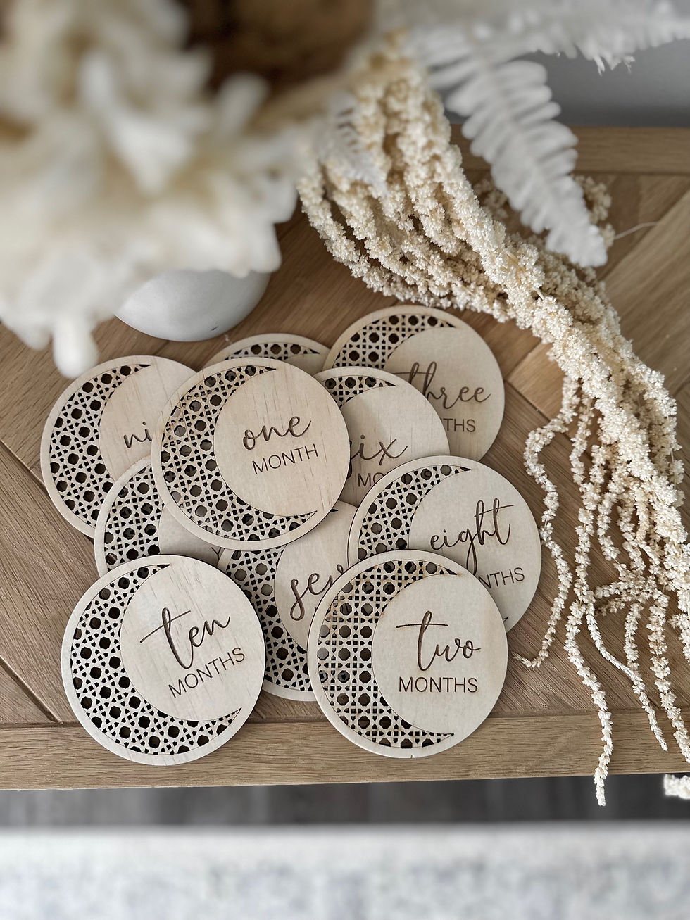 Thumbnail: Rattan moon engraved milestone discs 