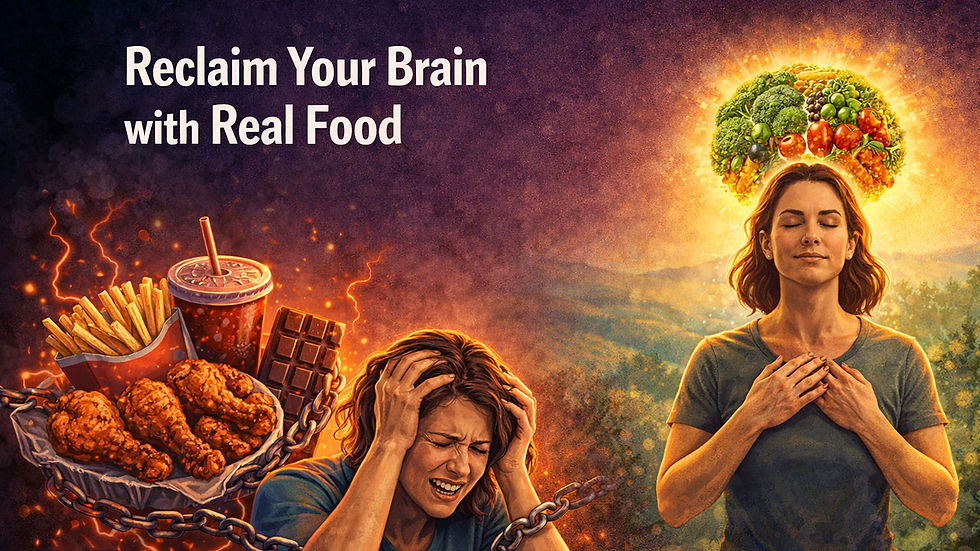 A woman stressed over eating ultra-processed food and another woman at peace with eating healthy food.