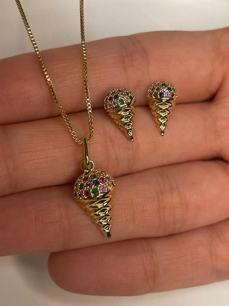 Miniatura: Conjunto Brinco Colar Infantil Sorvete Cravejado Zircônia