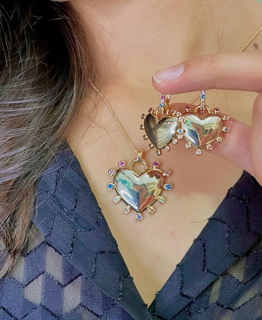 Miniatura: Conjunto Brinco Colar Coração Cravejado Zircônias Coloridas